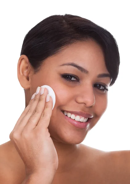 Young Woman Wiping Face With A Pad — Stock Photo, Image