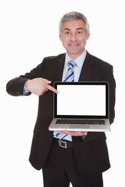 Happy Mature Businessman Pointing On Laptop — Stock Photo, Image