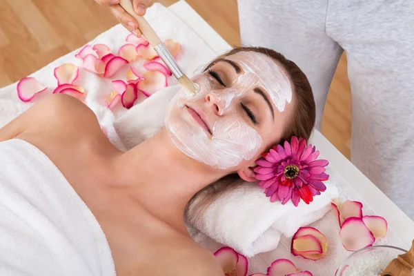 Mujer recibiendo máscara facial en el estudio de spa — Foto de Stock