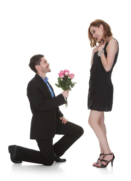 Man Offer Flower To Beautiful Woman — Stock Photo, Image