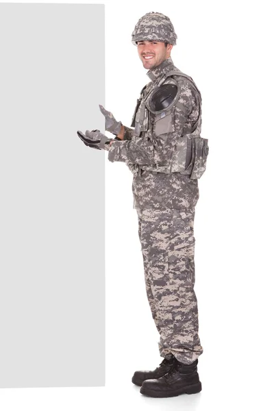 Portrait Of Soldier With Placard — Stock Photo, Image