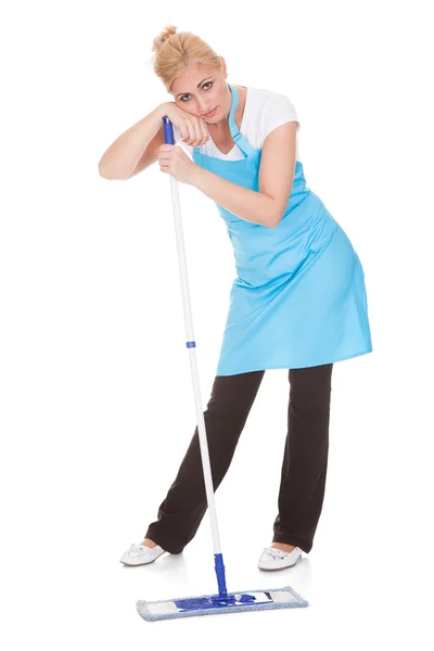 Portrait Of Woman Leaning On Broom — Stock Photo, Image