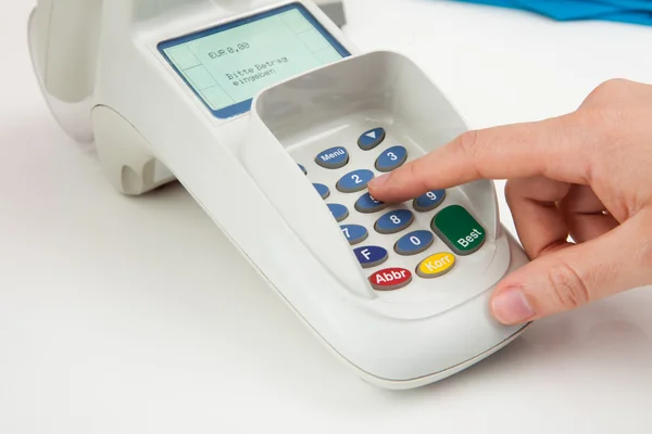 Finger Entering The Pin Code In Card Reader Machine — Stock Photo, Image