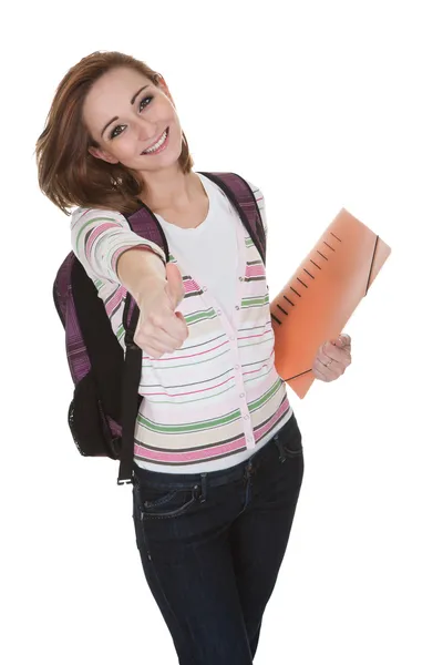 Estudiante universitario mostrando el signo de pulgar hacia arriba — Foto de Stock