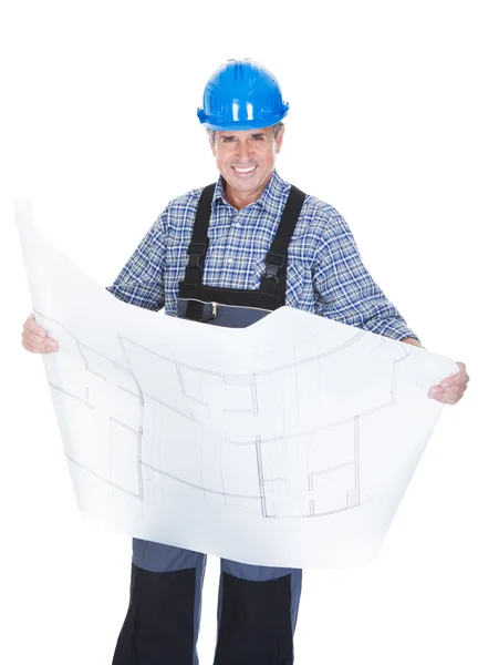 Férfi építész üzem Blueprint — Stock Fotó