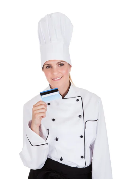 Female Chef Holding Credit Card — Stock Photo, Image