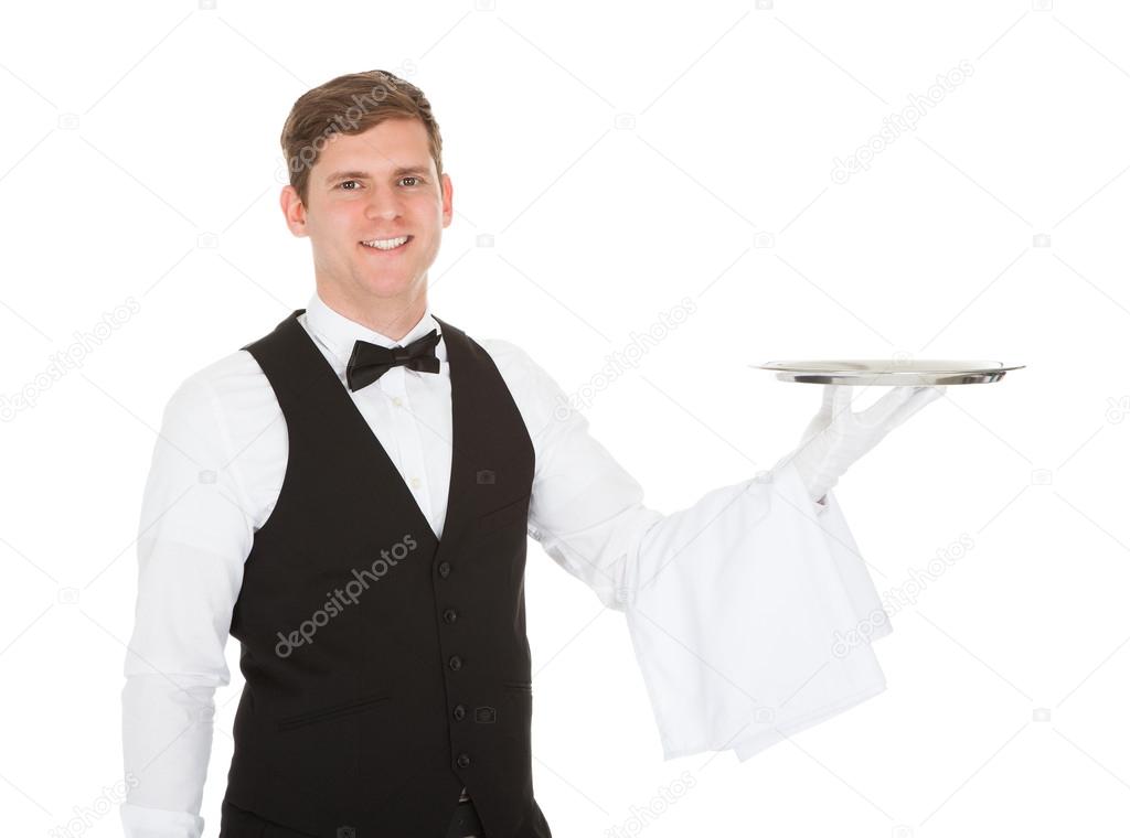 Waiter Holding Empty Silver Tray