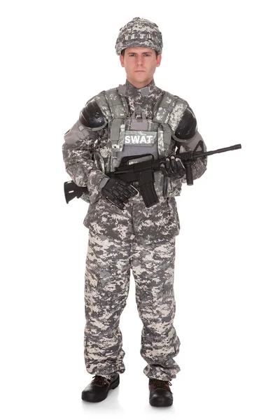 Portrait Of Solider Holding Rifle — Stock Photo, Image