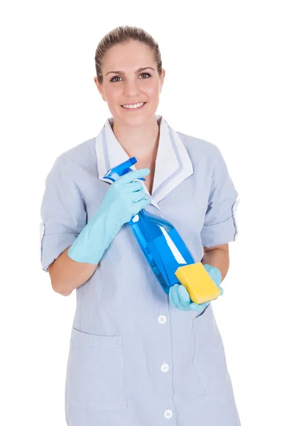 Mulher segurando líquido de limpeza e purificador — Fotografia de Stock