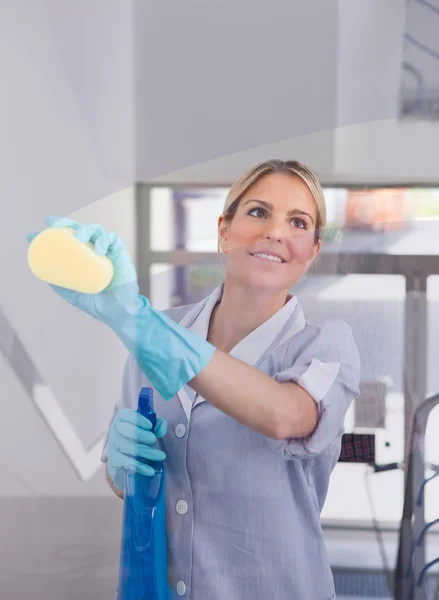 Junges Dienstmädchen mit Flasche und Schwamm — Stockfoto