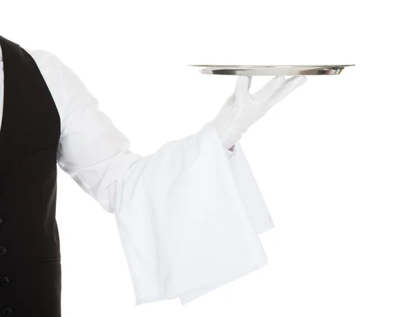 Waiter Holding Empty Silver Tray — Stock Photo, Image