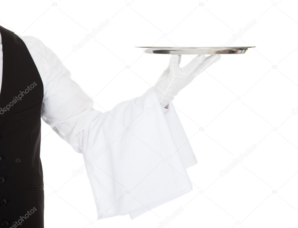 Waiter Holding Empty Silver Tray