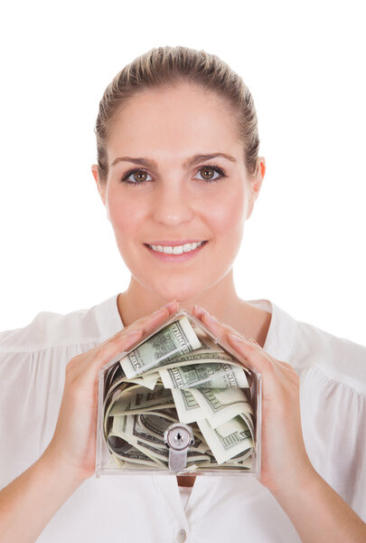 Young Woman Holding A Box Of Currency