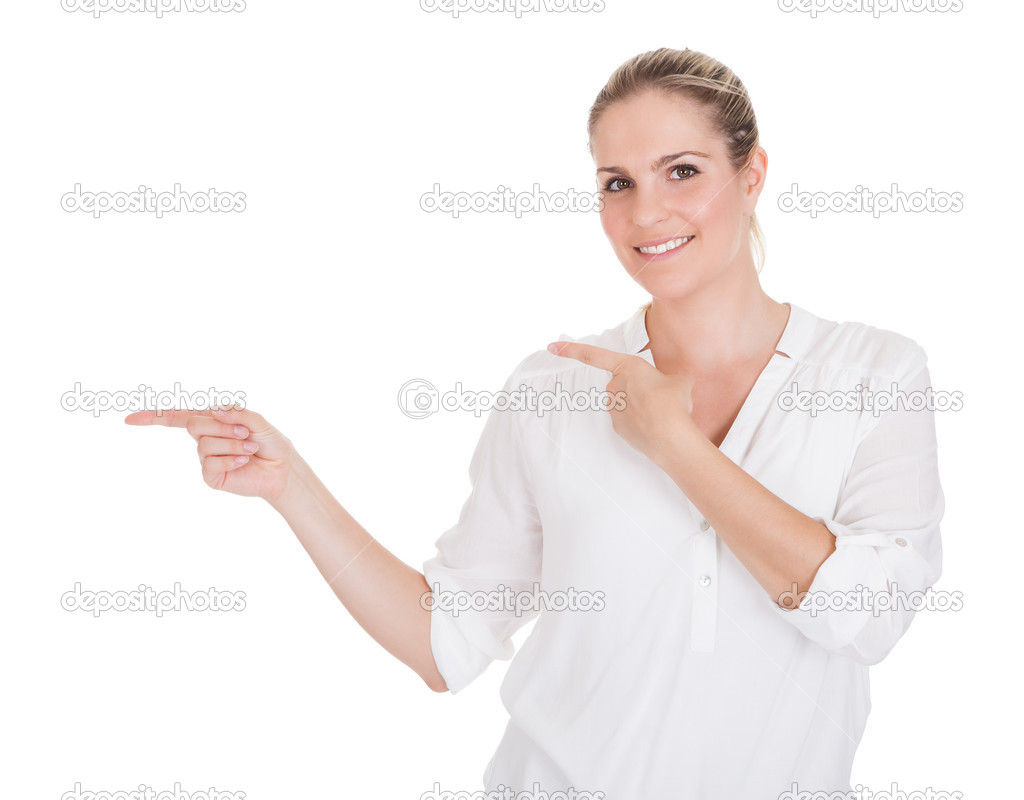 Happy Woman Gesturing Holding Product
