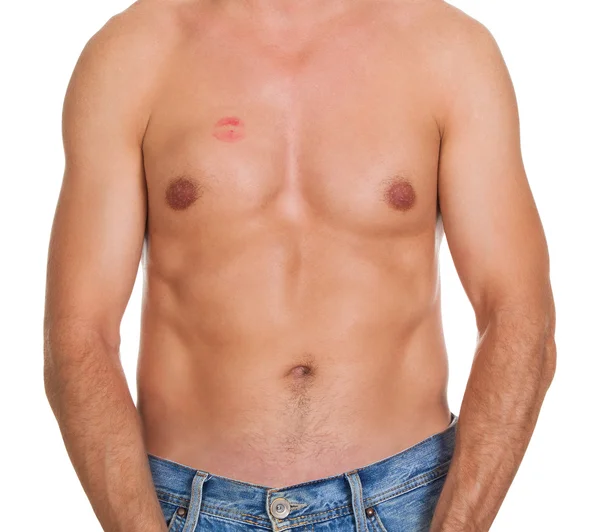 Uomo senza camicia con segno di rossetto — Foto Stock