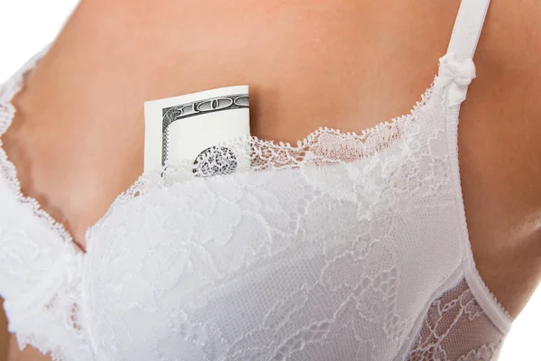Woman with cash in bra — Stock Photo, Image