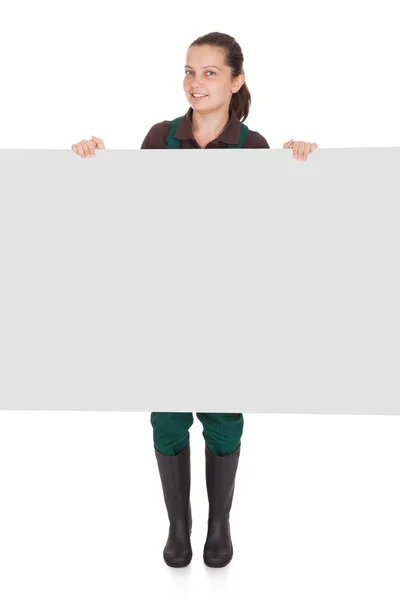 Happy Woman Holding Blank Placard — Stock Photo, Image