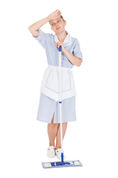 Tired Maid Cleaning Floor With Mop — Stock Photo, Image