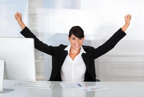 Excited Young Businesswoman With Arms Raised — Stock Photo, Image