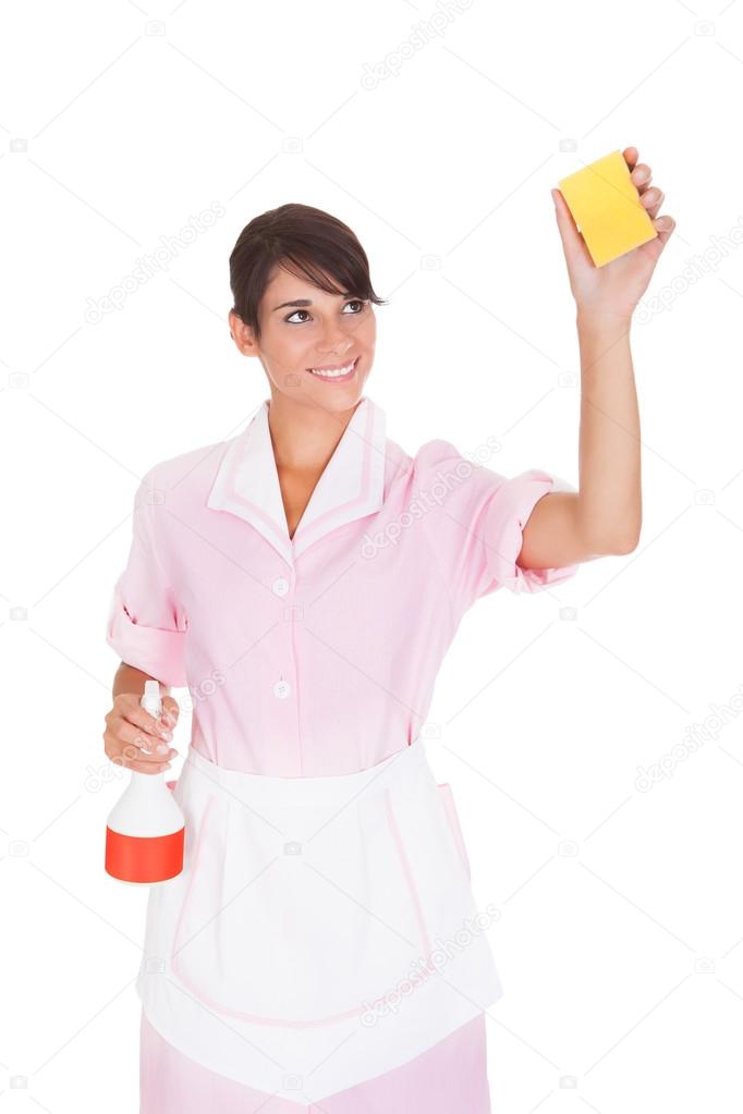 Female Maid With Sponge And Bottle