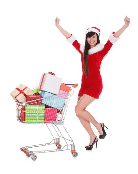 Excitada Santa Feminina Com Carrinho de Compras — Fotografia de Stock