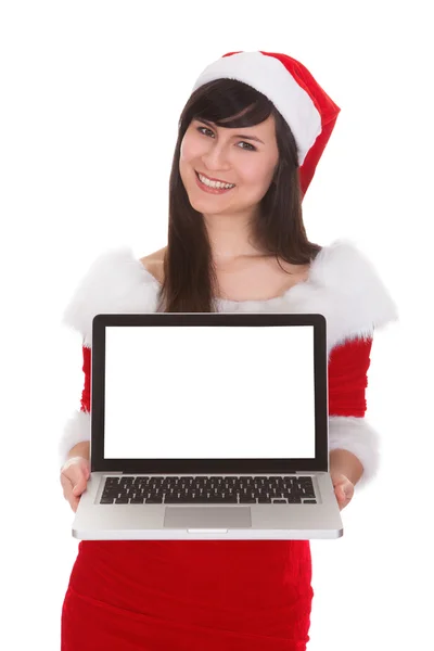 Laptop Santa Holding feminino — Fotografia de Stock