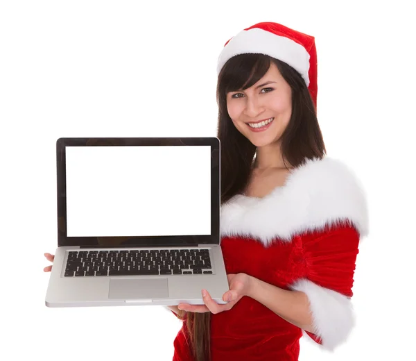 Θηλυκό santa εκμετάλλευση lap-top — Φωτογραφία Αρχείου