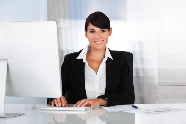 Happy Business Woman Working On Computer Stock Picture