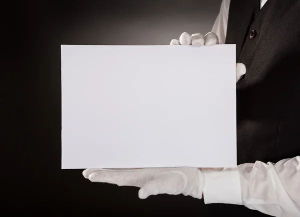 Young Waiter Holding Blank Placard — Stock Photo, Image