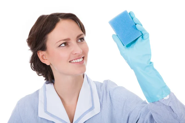 Woman Holding Cleaning Liquid And Scrubber — Stock Photo, Image