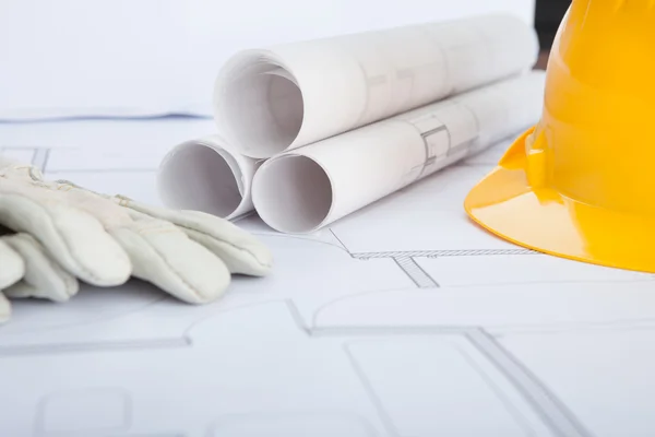 Close-up Of Blue Print And Hard Hat — Stock Photo, Image