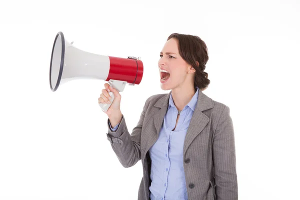 Femme d'affaires criant à travers mégaphone — Photo