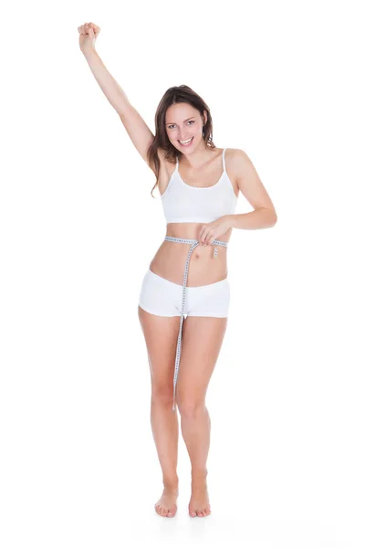 Excited Woman Measuring Her Waist — Stock Photo, Image