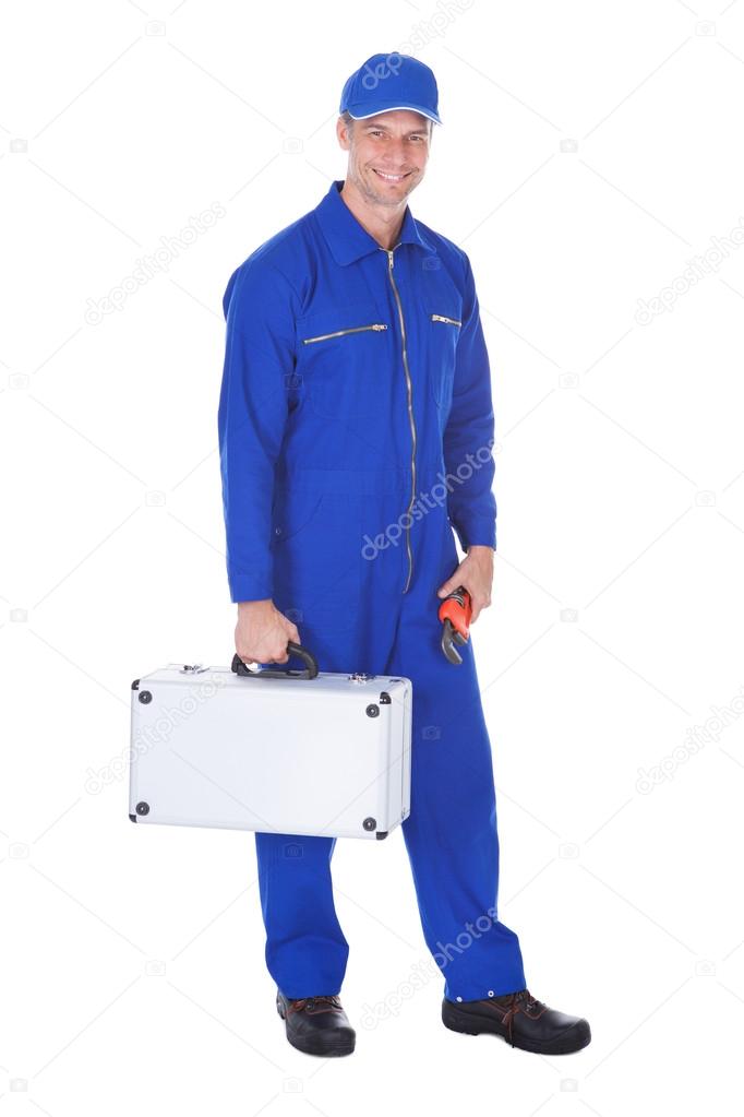 Happy Worker Holding Toolkit And Wrench