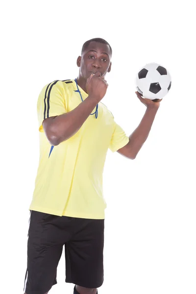 Arbitre de football avec ballon et sifflet — Photo