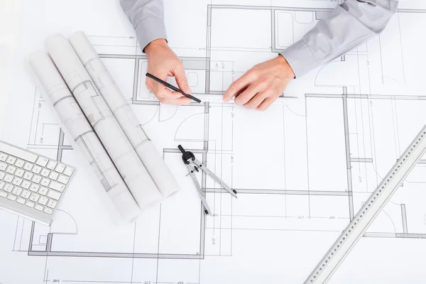 Architect Drawing On Blueprint — Stock Photo, Image