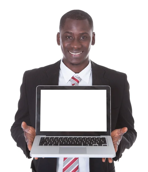 Happy Businessman Holding Laptop — Stock Photo, Image