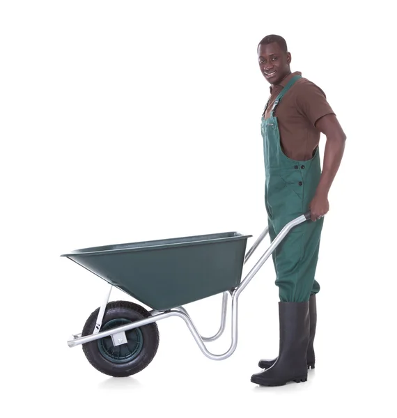 Male Gardener With Wheelbarrow — Stock Photo, Image