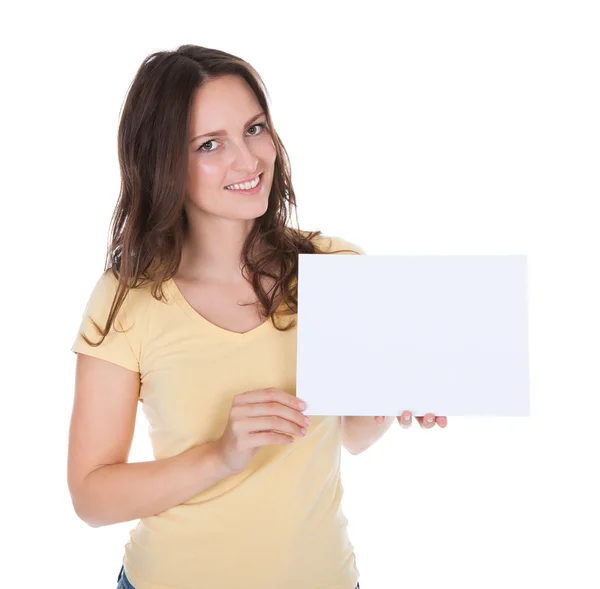 Smiling Woman Holding Placard — Stock Photo, Image