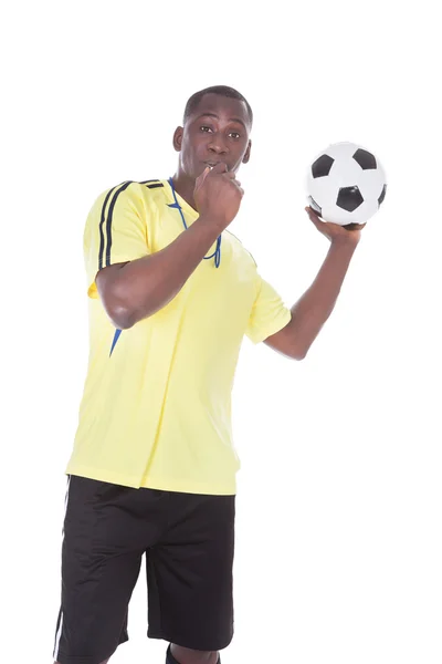 Soccer Referee With Ball And Whistle Royalty Free Stock Images
