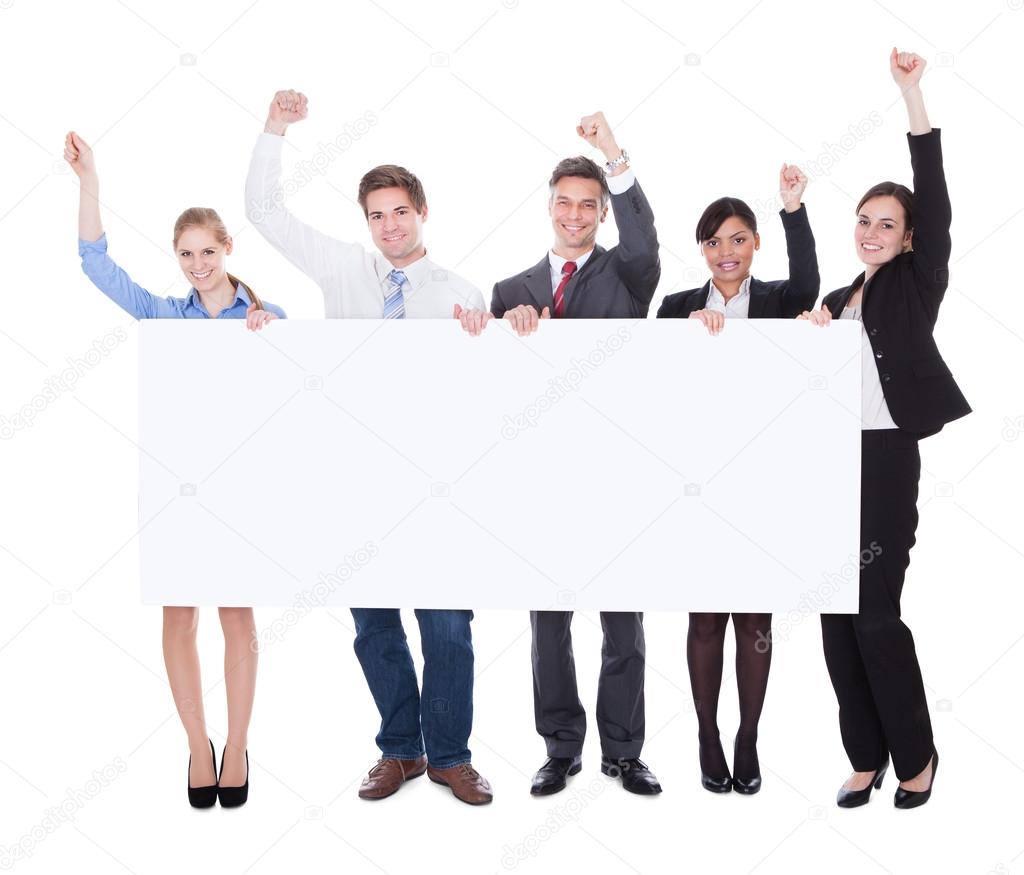 Businesspeople Raising Hand With Board