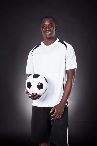 Happy Soccer Placer Holding Football — Stock Photo, Image