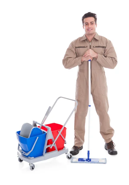 Male Sweeper Cleaning Floor — Stock Photo, Image