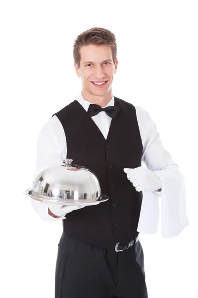 Waiter Holding Cloche Lid Cover — Stock Photo, Image