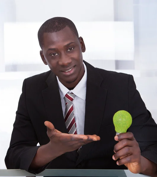 Businessman Holding Ecological Bulb — Stock Photo, Image