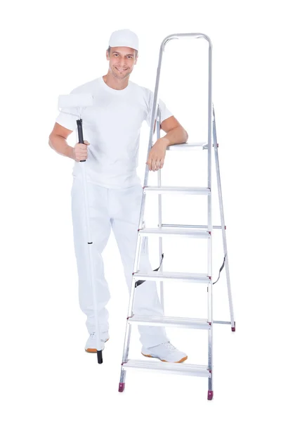 Painter With Paint Roller And Ladder — Stock Photo, Image