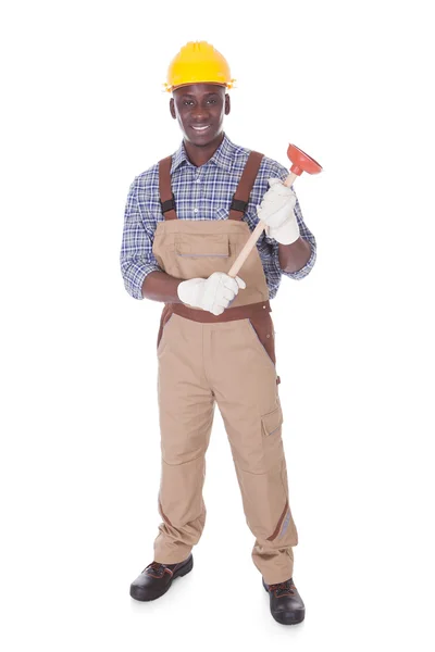 Handyman Holding Plunger — Stock Photo, Image