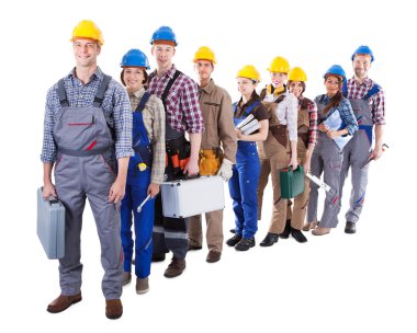 Large group of construction workers queuing up