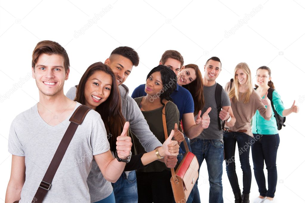 College Students Gesturing Thumbs Up In A Line
