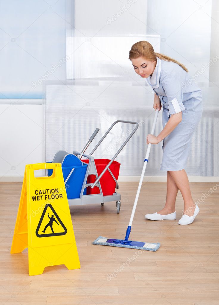 Happy Maid Cleaning Floor With Mop Stock Photo by ©AndreyPopov 43209915